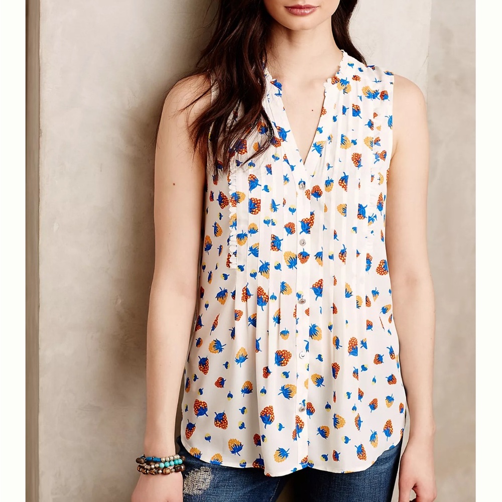 Maeve Anthropologie Strawberry Print Sleeveless Top 0